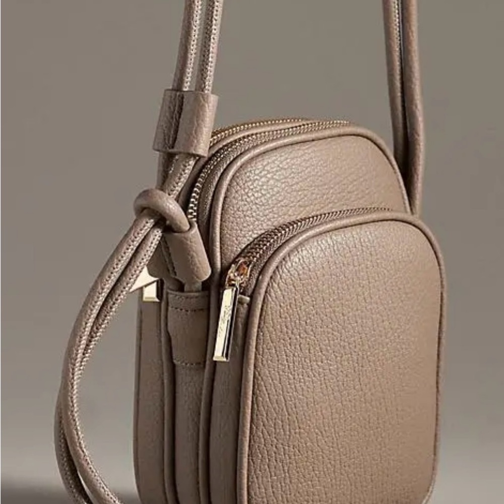 Pebbled Taupe Crossbody Bag with Gold Accents
